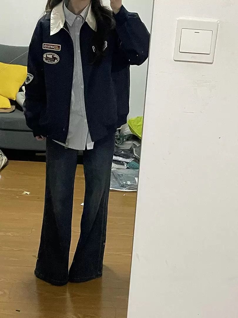 Plus Size American Retro Embroidered Patch Color-Blocking Lapel Jacket for Women - Spring Autumn Baseball Style for Curvy Fits Plus Size American Retro Embroidered Patch Color-Blocking Lapel Jacket for Women - Spring Autumn Baseball Style for Curvy Fits