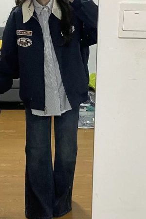 Plus Size American Retro Embroidered Patch Color-Blocking Lapel Jacket for Women - Spring Autumn Baseball Style for Curvy Fits