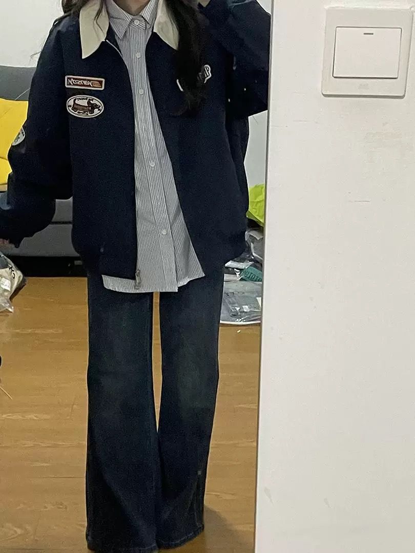 Plus Size American Retro Embroidered Patch Color-Blocking Lapel Jacket for Women - Spring Autumn Baseball Style for Curvy Fits Plus Size American Retro Embroidered Patch Color-Blocking Lapel Jacket for Women - Spring Autumn Baseball Style for Curvy Fits