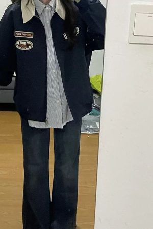 Plus Size American Retro Embroidered Patch Color-Blocking Lapel Jacket for Women - Spring Autumn Baseball Style for Curvy Fits