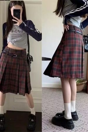 Plus Size American Retro Plaid Pleated Skirt for Women - Mid-Length Red Checkered Spring Summer Fashion
