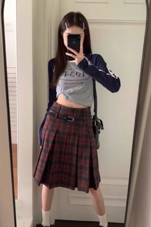 Plus Size American Retro Plaid Pleated Skirt for Women - Mid-Length Red Checkered Spring Summer Fashion