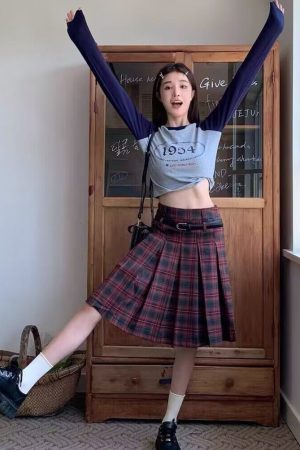 Plus Size American Retro Plaid Pleated Skirt for Women - Mid-Length Red Checkered Spring Summer Fashion