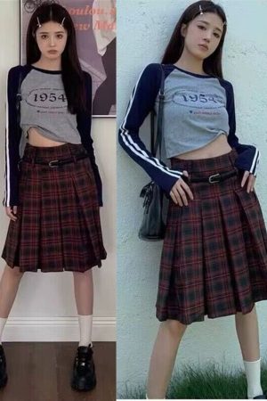 Plus Size American Retro Plaid Pleated Skirt for Women - Mid-Length Red Checkered Spring Summer Fashion