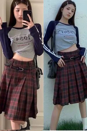 Plus Size American Retro Plaid Pleated Skirt for Women - Mid-Length Red Checkered Spring Summer Fashion