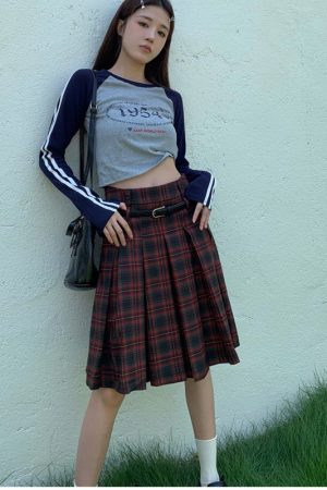 Plus Size American Retro Plaid Pleated Skirt for Women - Mid-Length Red Checkered Spring Summer Fashion