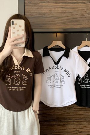 Plus Size American Retro Short Sleeve Polo Collar V-Neck Cropped T-Shirt for Women - Flattering Summer Top for Curvy Figures