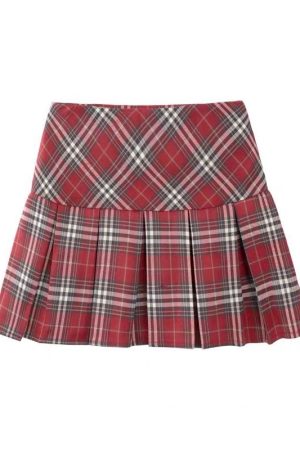 Plus Size American Style Red Plaid Pleated Skirt for Women - High Waist A-Line JK Skirt for Spring Summer 2024 Fashion.