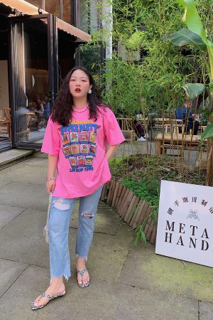 Plus Size American Vintage Printed T-Shirt for Women - Short Sleeve Loose Fit Summer 2025 Style