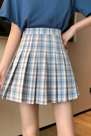 Plus Size Black High-Waisted Pleated A-Line Midi Skirt for Women, Summer College Style Checkered JK Skirt, Anti-Exposure Fashion