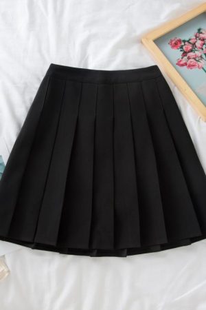 Plus Size Black High-Waisted Pleated A-Line Midi Skirt for Women, Summer College Style Checkered JK Skirt, Anti-Exposure Fashion