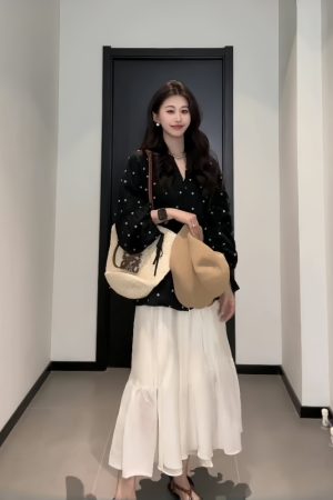 Plus-Size Black Polka Dot Long Sleeve Top with Lantern Sleeves - Minimalist Linen Spring Shirt for Curvy Women