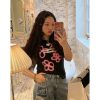 Plus Size Black Short-Sleeve T-Shirt for Women - 2025 Spring/Summer Shoulder-Detail Base Top, Casual Fashion Essential