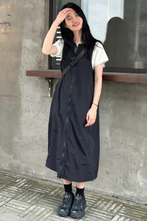 Plus Size Black Waist-Cinching Work Vest Dress for Women, Flattering Summer Strap Dress for Curvy Figures