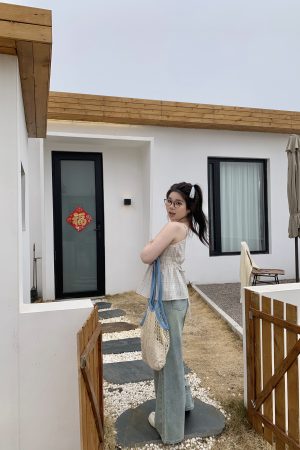 Plus Size Blue Plaid Bubble Cotton Camisole - Retro Korean Style Summer Top for Slightly Chubby Girls