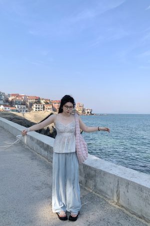 Plus Size Blue Plaid Bubble Cotton Camisole - Retro Korean Style Summer Top for Slightly Chubby Girls