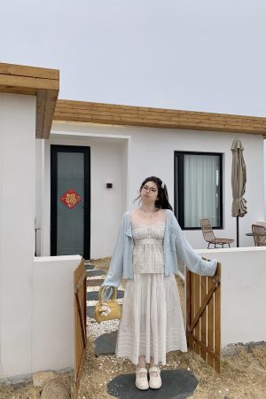 Plus Size Blue Plaid Bubble Cotton Camisole - Retro Korean Style Summer Top for Slightly Chubby Girls