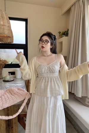 Plus Size Blue Plaid Bubble Cotton Camisole - Retro Korean Style Summer Top for Slightly Chubby Girls