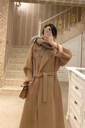Plus-Size Camel Cashmere Coat for Women, Mid-Length Double-Sided Wool Outerwear, 2024 Autumn Winter Hepburn Style