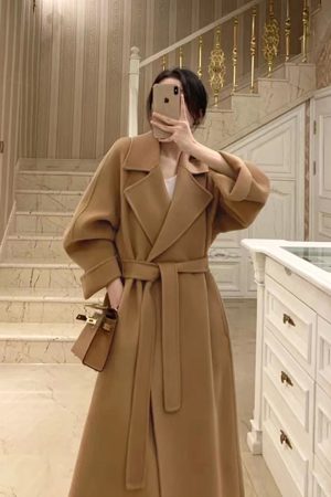 Plus-Size Camel Cashmere Coat for Women, Mid-Length Double-Sided Wool Outerwear, 2024 Autumn Winter Hepburn Style