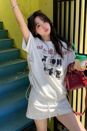 Plus-Size Cartoon Print Drawstring Short-Sleeve T-Shirt and High-Waisted Skirt Two-Piece Set - Trendy Summer Outfit for Women