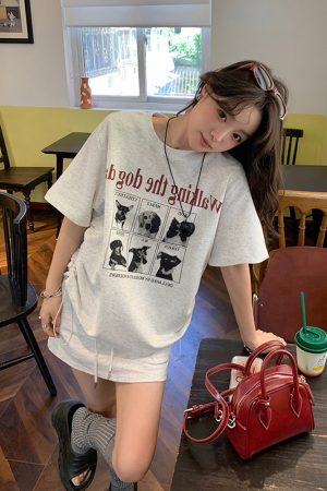 Plus-Size Cartoon Print Drawstring Short-Sleeve T-Shirt and High-Waisted Skirt Two-Piece Set - Trendy Summer Outfit for Women