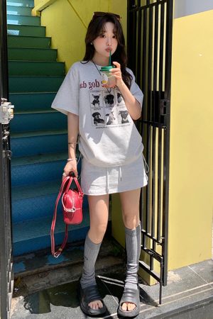 Plus-Size Cartoon Print Drawstring Short-Sleeve T-Shirt and High-Waisted Skirt Two-Piece Set - Trendy Summer Outfit for Women