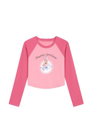 Plus Size Cartoon Print Long Sleeve Crop T-Shirt - Slim Fit Trendy Top for Hot Girls - Y2K Style