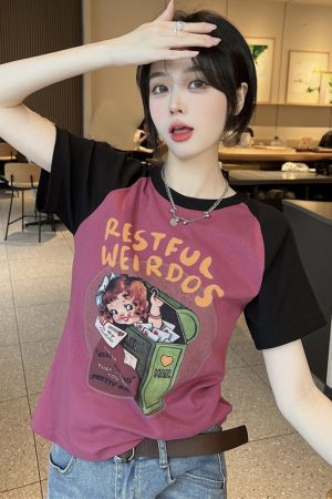 Plus Size Cartoon Printed Short Sleeve T-Shirt for Women - Summer American Sweet and Spicy Style, Loose Fit, Belly Covering, Age-Reducing Top