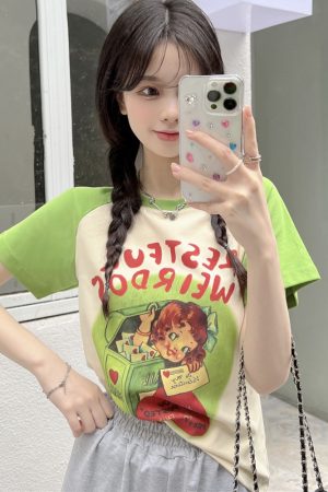 Plus Size Cartoon Printed Short Sleeve T-Shirt for Women - Summer American Sweet and Spicy Style, Loose Fit, Belly Covering, Age-Reducing Top