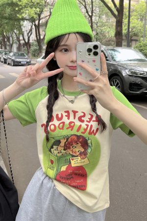 Plus Size Cartoon Printed Short Sleeve T-Shirt for Women - Summer American Sweet and Spicy Style, Loose Fit, Belly Covering, Age-Reducing Top