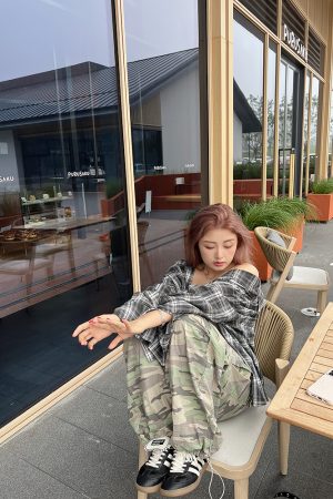 Plus Size Casual American Camouflage Wide-Leg Pants with Elastic Waist and Drawstring - Trendy Autumn Loose Cuffed Trousers