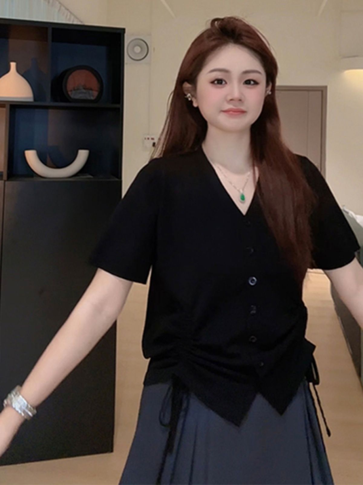 Plus Size Casual Loose Summer T-Shirt for Women, Slimming Drawstring Pleated V-Neck, Short Sleeve, Comfortable and Stylish Top Plus Size Casual Loose Summer T-Shirt for Women, Slimming Drawstring Pleated V-Neck, Short Sleeve, Comfortable and Stylish Top