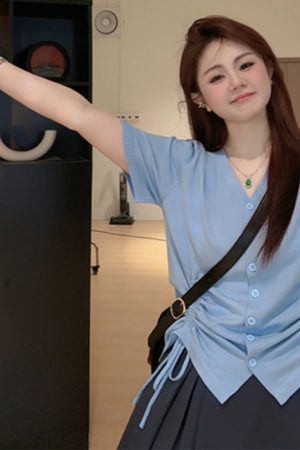 Plus Size Casual Loose Summer T-Shirt for Women, Slimming Drawstring Pleated V-Neck, Short Sleeve, Comfortable and Stylish Top