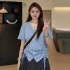 Plus Size Casual Loose Summer T-Shirt for Women, Slimming Drawstring Pleated V-Neck, Short Sleeve, Comfortable and Stylish Top