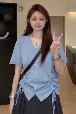 Plus Size Casual Loose Summer T-Shirt for Women, Slimming Drawstring Pleated V-Neck, Short Sleeve, Comfortable and Stylish Top