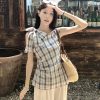Plus Size Checkered Sleeveless Shirt for Women - Summer French Style Tie-Up Top, Slim Fit, Perfect for Casual Outings and Y2K Fashion