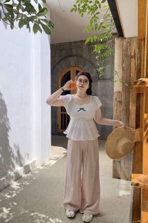 Plus Size Chiffon Blouse for Young Girls - Red Polka Dot Short Sleeve Wave Edge Pullover Shirt