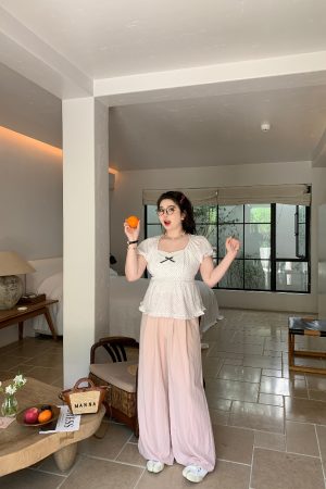 Plus Size Chiffon Blouse for Young Girls - Red Polka Dot Short Sleeve Wave Edge Pullover Shirt