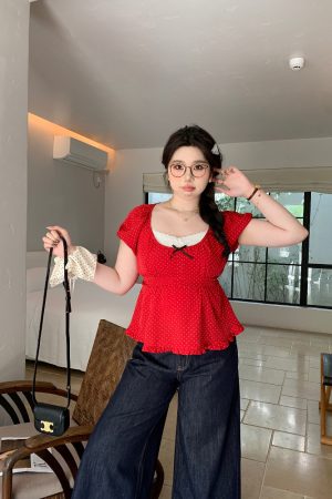 Plus Size Chiffon Blouse for Young Girls - Red Polka Dot Short Sleeve Wave Edge Pullover Shirt