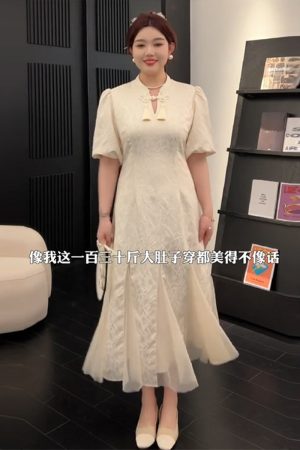 Plus-Size Chinese Style Summer Qipao Dress, Retro Mesh Splicing Skirt, Slimming National Wind Design for Plump Figures