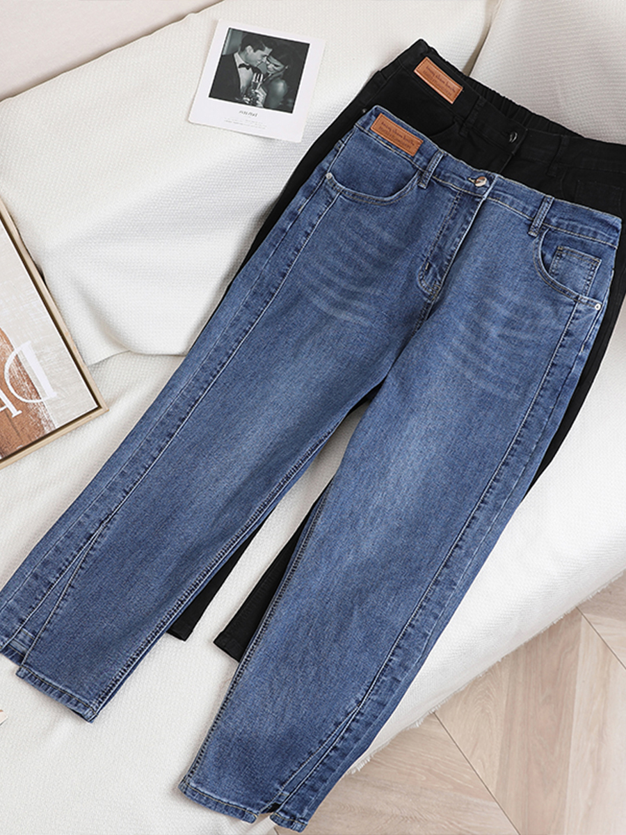 Plus-Size Cigarette Jeans for Women - Flattering Straight-Leg, Elastic Waist, Cropped Design, Versatile Summer Pants for Curvy Figures Plus-Size Cigarette Jeans for Women - Flattering Straight-Leg, Elastic Waist, Cropped Design, Versatile Summer Pants for Curvy Figures