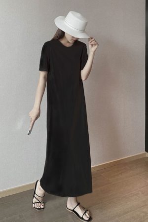 Plus Size Cotton Round Neck Mid-Length Dress, Loose Fit Short Sleeve & Long Sleeve, Slimming Straight Skirt for Spring & Summer