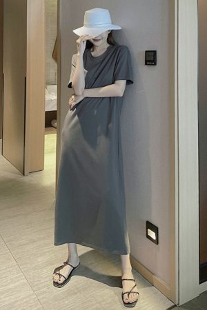 Plus Size Cotton Round Neck Mid-Length Dress, Loose Fit Short Sleeve & Long Sleeve, Slimming Straight Skirt for Spring & Summer