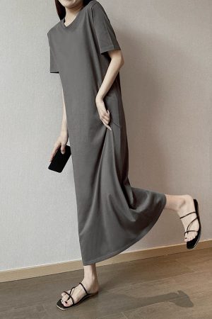 Plus Size Cotton Round Neck Mid-Length Dress, Loose Fit Short Sleeve & Long Sleeve, Slimming Straight Skirt for Spring & Summer