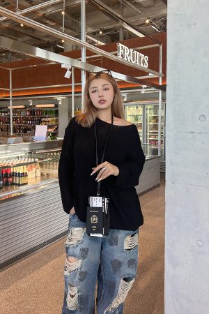 Plus Size Cropped Blue Slouchy Knit Sweater with Asymmetrical Neck - Lazy Style Slimming Fashion for 2024