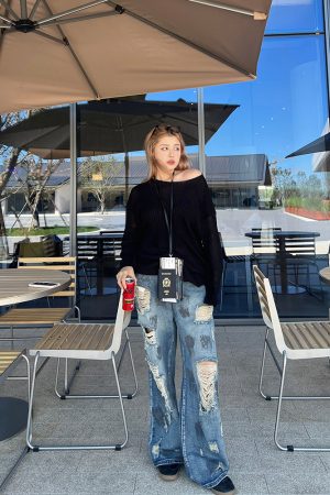 Plus Size Cropped Blue Slouchy Knit Sweater with Asymmetrical Neck - Lazy Style Slimming Fashion for 2024