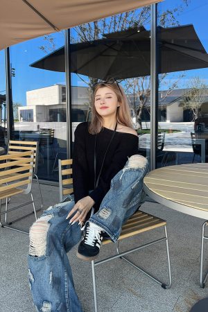 Plus Size Cropped Blue Slouchy Knit Sweater with Asymmetrical Neck - Lazy Style Slimming Fashion for 2024