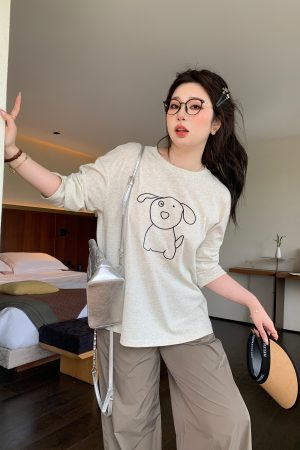 Plus Size Cute Cream Dog Print Long Sleeve T-Shirt - Round Neck Sun Protection Cover-Up - Casual 90s Style Top