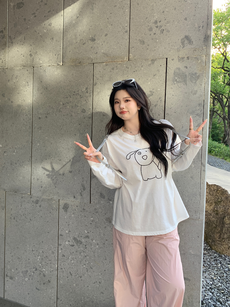 Plus Size Cute Cream Dog Print Long Sleeve T-Shirt - Round Neck Sun Protection Cover-Up - Casual 90s Style Top Plus Size Cute Cream Dog Print Long Sleeve T-Shirt - Round Neck Sun Protection Cover-Up - Casual 90s Style Top